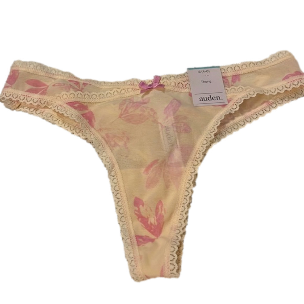 AUDEN sexy sheer mesh pale yellow thong with pink flowers bow and lace trim new
